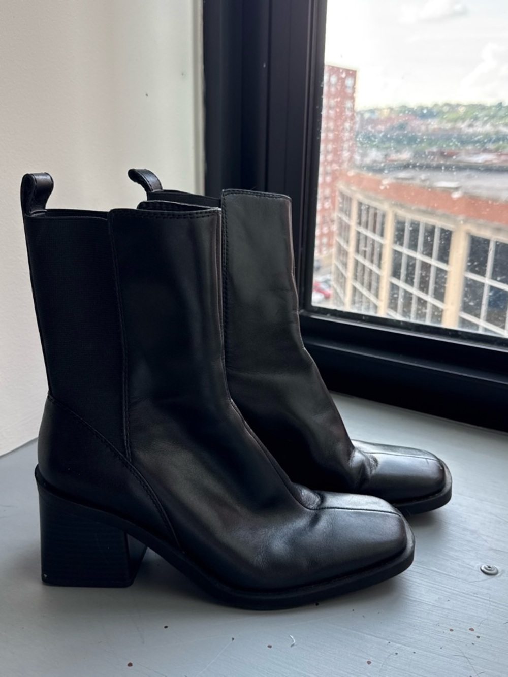 Zara Black Leather Block Heel Ankle Boots